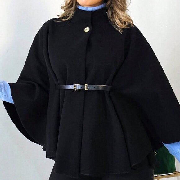 Black Casual Women's Elegant Stand Collar Loose fit belted Coat Jacket - Picture 6 of 7